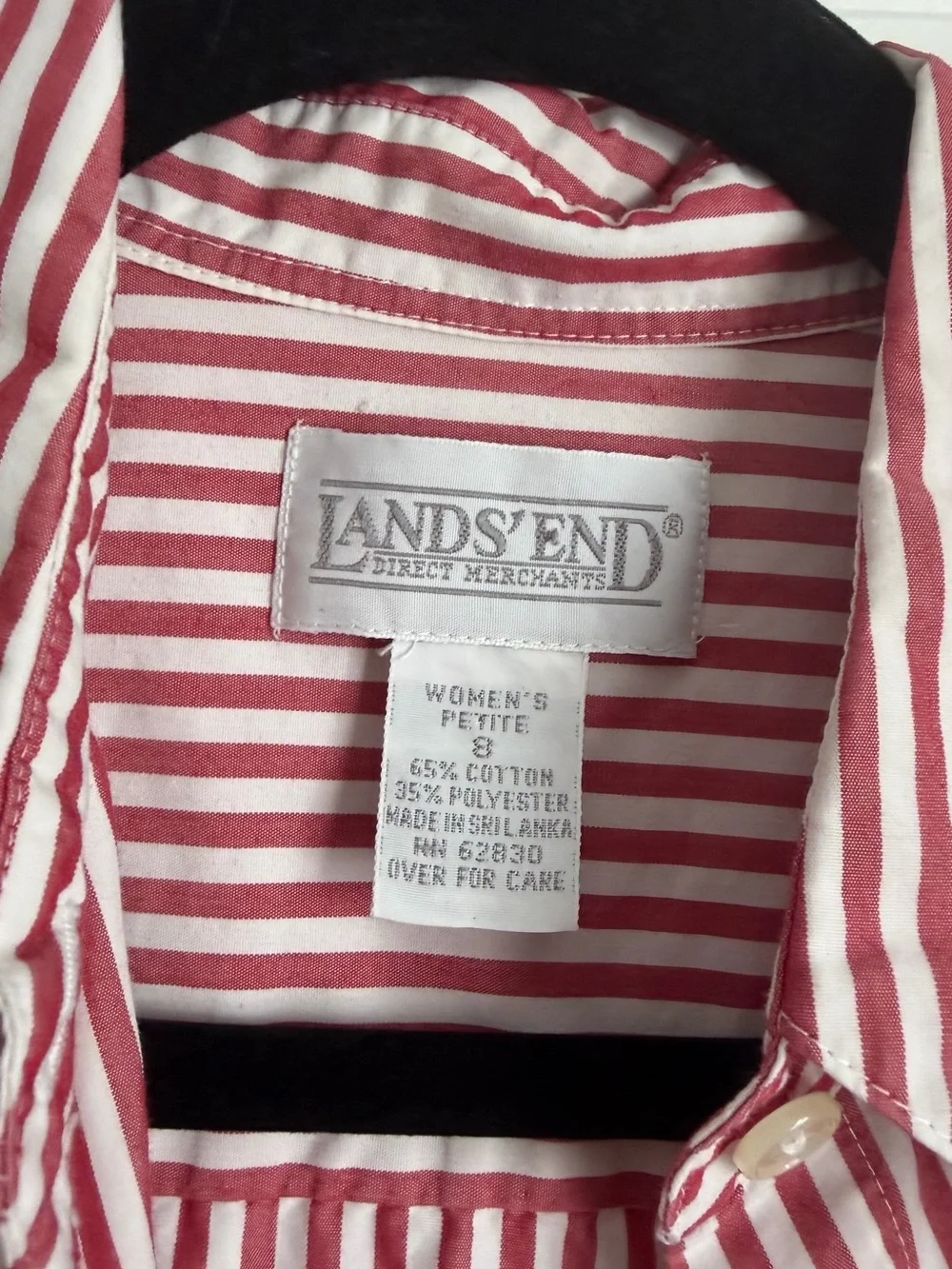 Lands' End Red & White Vertical Stripe Short-Sleeve Cotton Blend Button Down